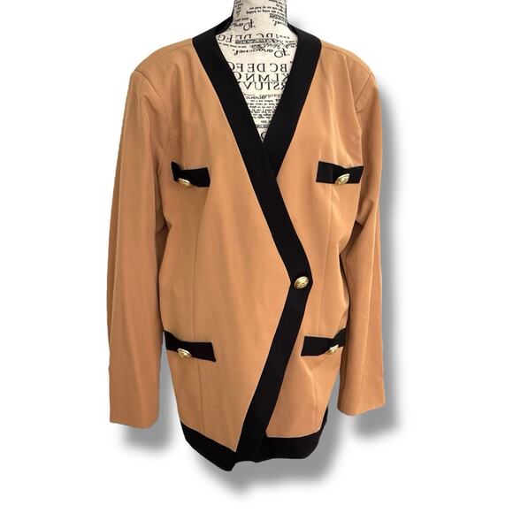 Alexia Admor Size XL Tan Black Trim Button Blazer Jacket 80s Retro Shoulder Pads - Picture 1 of 7